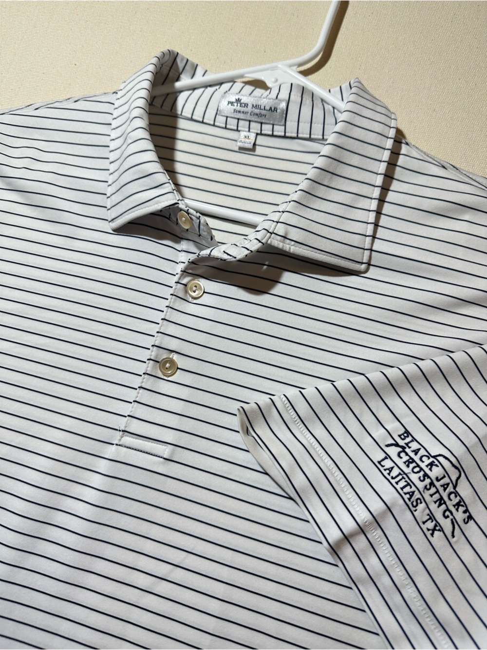 Peter Millar White Golf Polo with Thin Black Stripes x Lajitas Golf Resort
